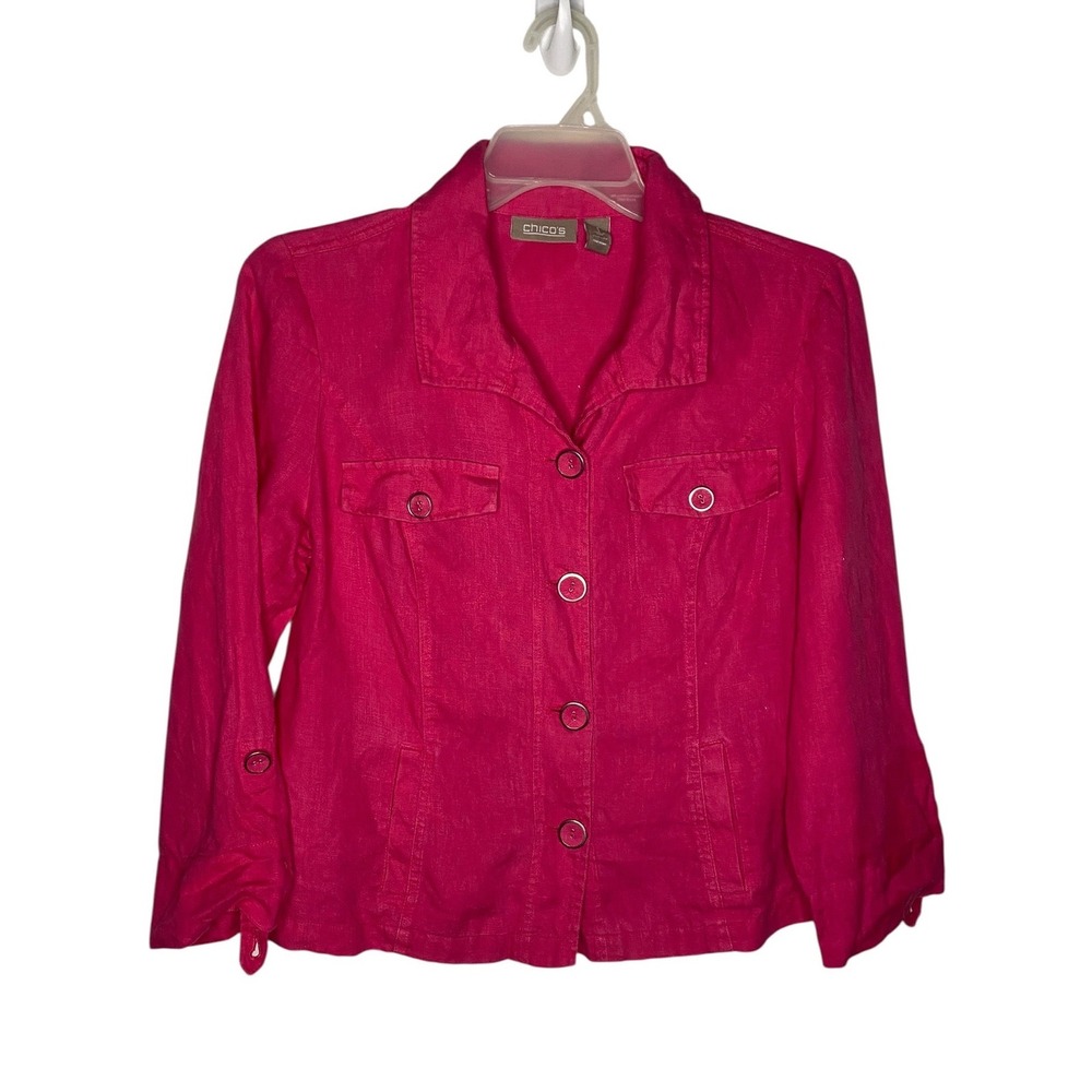 Chico's Women Pink 100% Linen Roll Tab Sleeve Button Front Shirt Jacket Sz 1